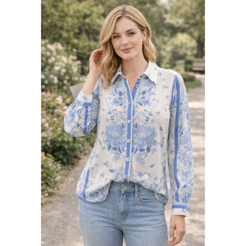 Rachel Zoe Blue Floral Button Down Blouse Size M Long Sleeve Feminine Chic #6